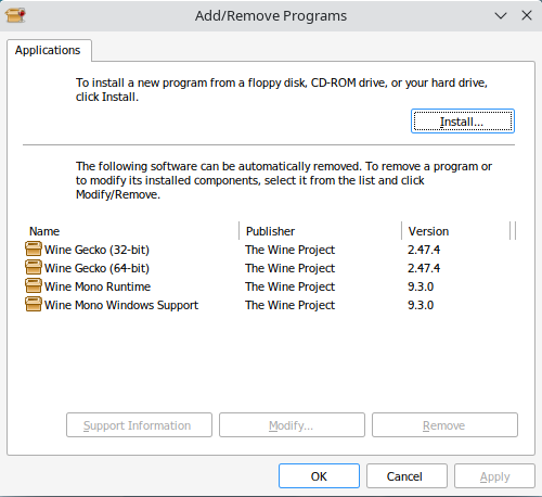 Image showing Wine Uninstaller panel with Mono and Gecko